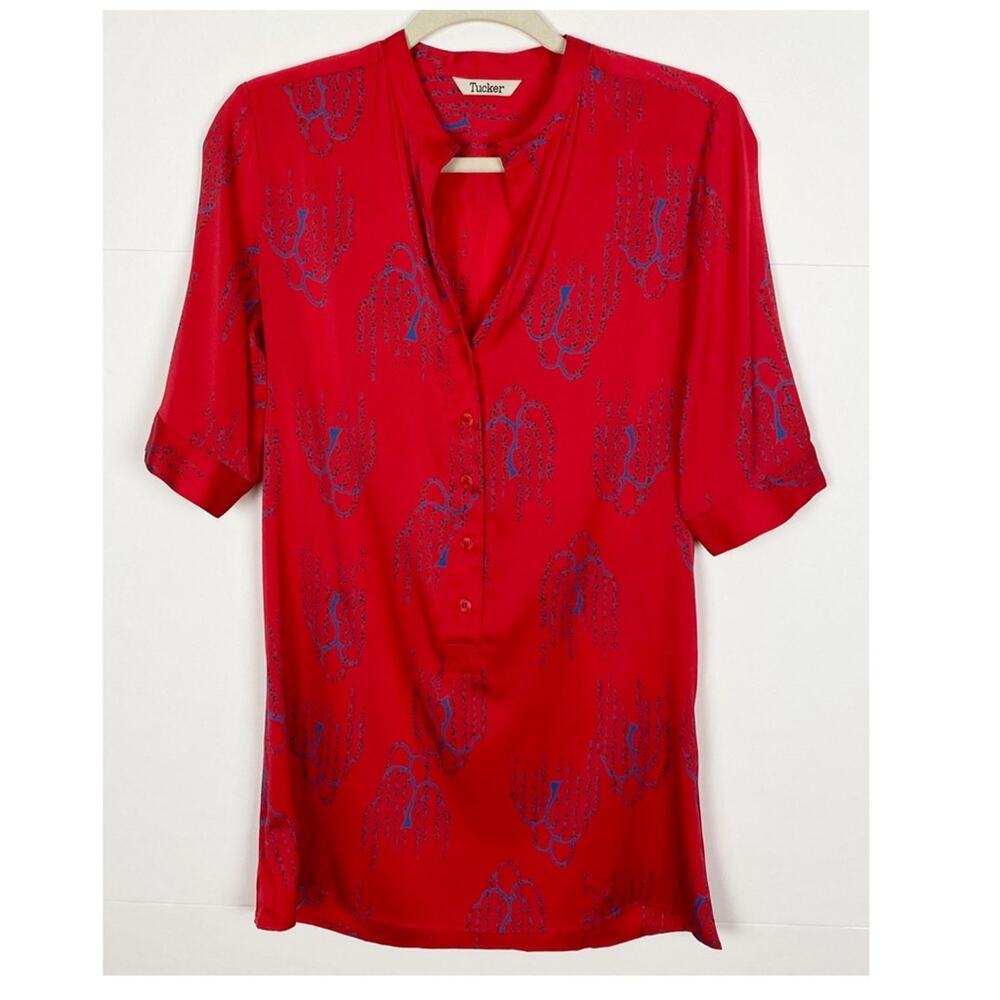 Tucker Top Size Small Silk Blend Red Blue Print Popover Boho